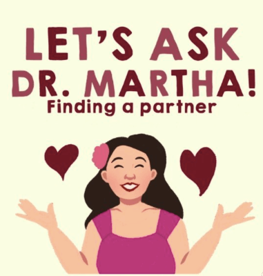 Let's Ask Dr Martha with Caricature of her. Text says Finding a partner