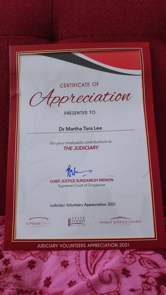 Certificate of appreciation by Chief Justice Sundaresh Menon of Supreme Court of Singapore.