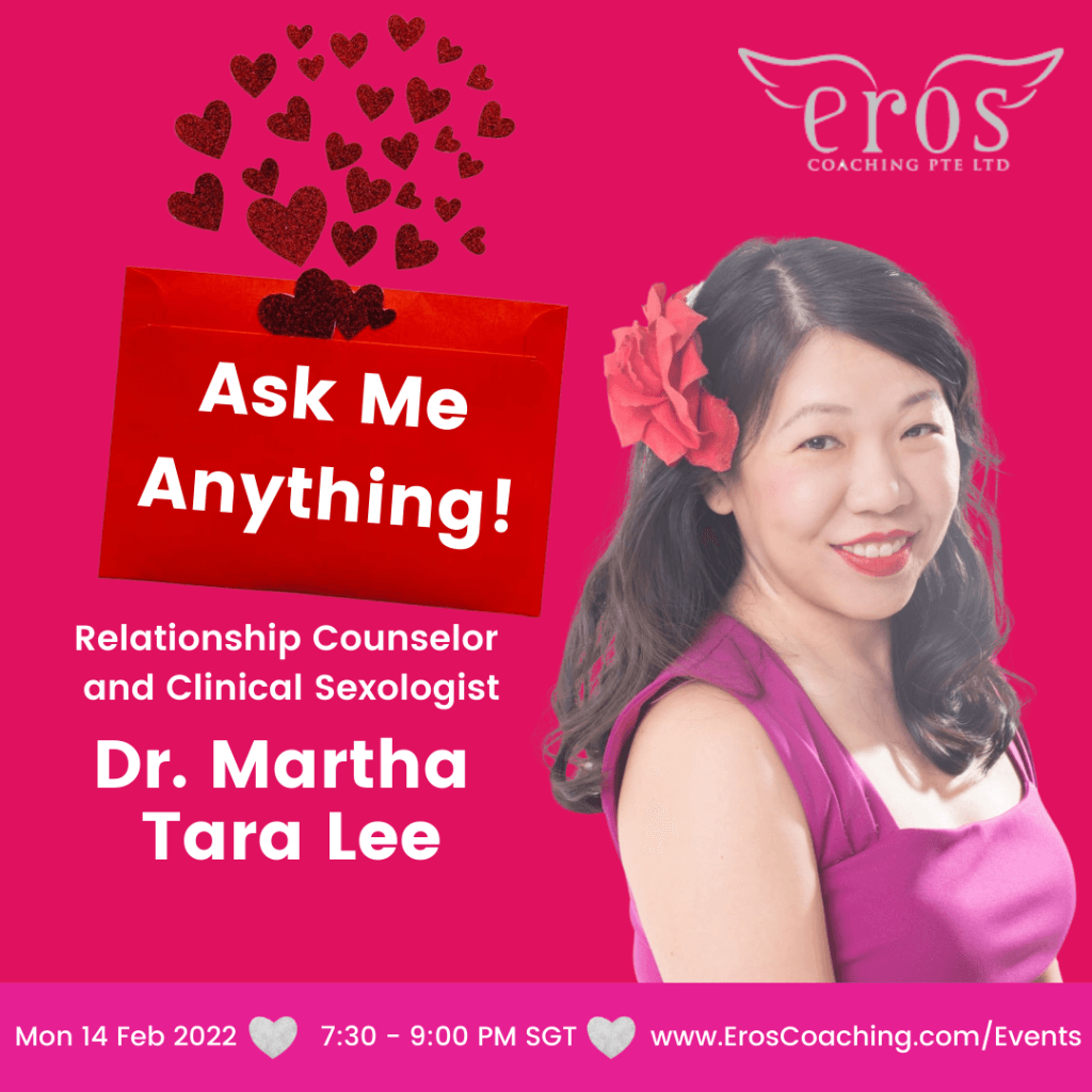 Text 'Ask Me Anything! Relationship Counselor and Clinical Sexologist Dr. Martha Tara Lee. Dr Martha wearing purple tops