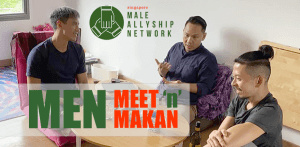 Text 'Men Meet 'n' Makan' with three men talking