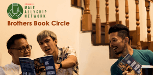 Text ' Brothers Book Circle #2' Three Men reading book