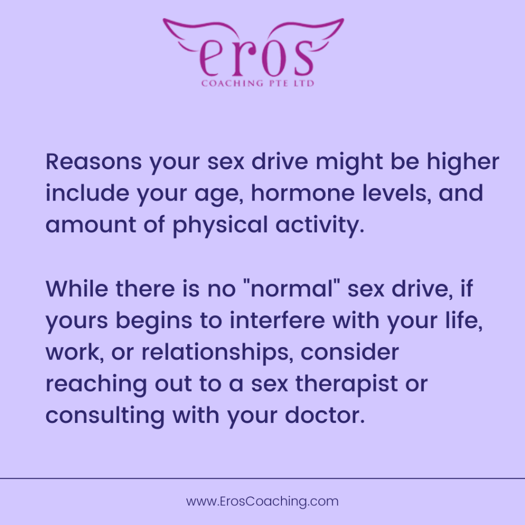Reasons your sex drive might be higher include your age, hormone levels, and amount of physical activity. While there is no "normal" sex drive, if yours begins to interfere with your life, work, or relationships, consider reaching out to a sex therapist or consulting with your doctor.