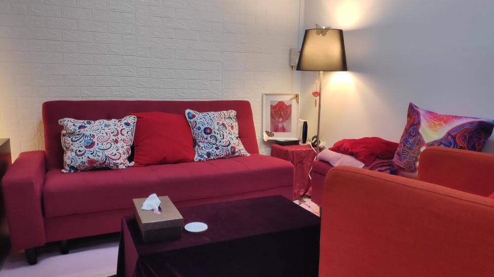 Red Sofa with pillows and side stand lamp