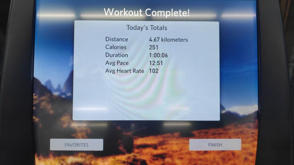Image description: screenshot from treadmill reading 1 hour and 251 calories