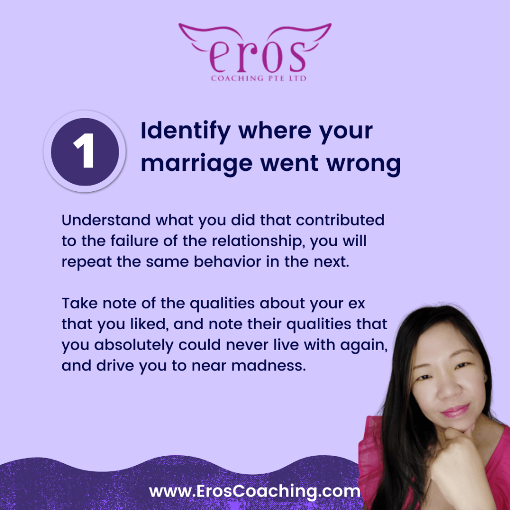 1. Identify where your marriage went wrong Understand what you did that contributed to the failure of the relationship, you will repeat the same behavior in the next. Take note of the qualities about your ex that you liked, and note their qualities that you absolutely could never live with again, and drive you to near madness.