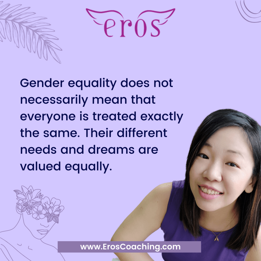 Gender equality does not necessarily mean that everyone is treated exactly the same. Their different needs and dreams are valued equally.