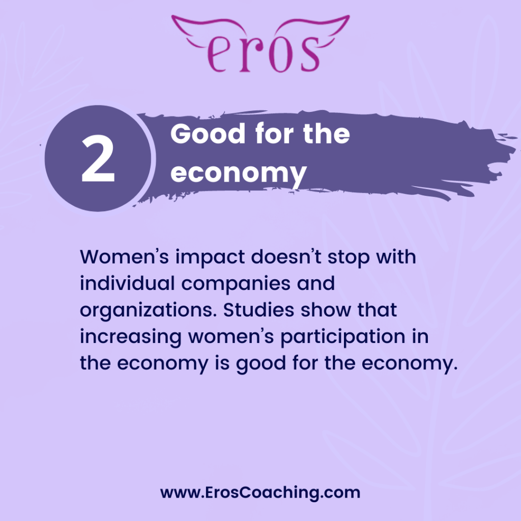 2. Good for the economy Women’s impact doesn’t stop with individual companies and organizations. Studies show that increasing women’s participation in the economy is good for the economy.