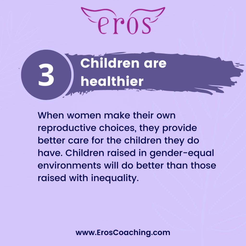 3. Children are healthier When women make their own reproductive choices, they provide better care for the children they do have. Children raised in gender-equal environments will do better than those raised with inequality.